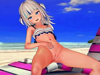 Anime dievča Gawr gura si užíva divokú kurvu na pláži