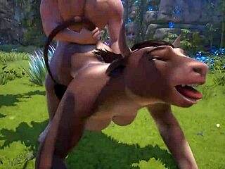 Wildlife-themed 3D porn featuring a busty cowgirl riding a well-endowed man and his furry companion