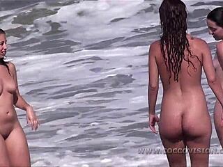 Busty kvinder skiftes til at tage solbad på stranden