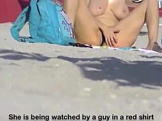 Lana, the exhibitionist wife, flaunts her big pussy and boobs in public on a beach with a voyeur