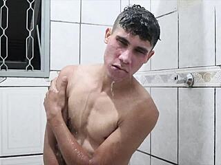 Masturbating in the shower with a Brazilian gay