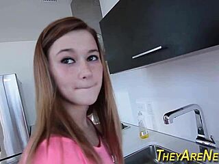 Petite teen gives a professional blowjob and gets cum on her face