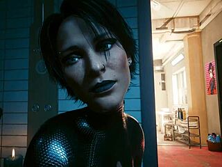 Karakter wanita gothic terlibat dalam pertemuan seksual dalam video game Cyberpunk 2077 menggunakan pengaturan grafis ultra-tinggi